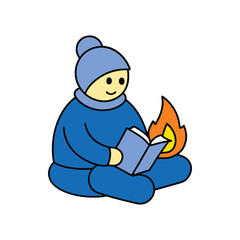 Flat vector illustration of a person sitting by the fire reading on a winter evening with white background
