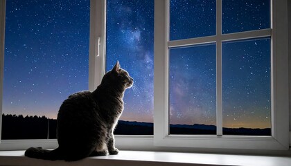 Silhouetted tabby cat sits serenely at a window, gazing at the dark blue, milky way-filled night sky