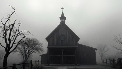 A black and white photo of a church in the fog