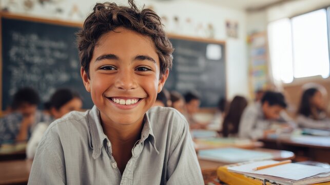 Happy child in classroom with books and chalkboard