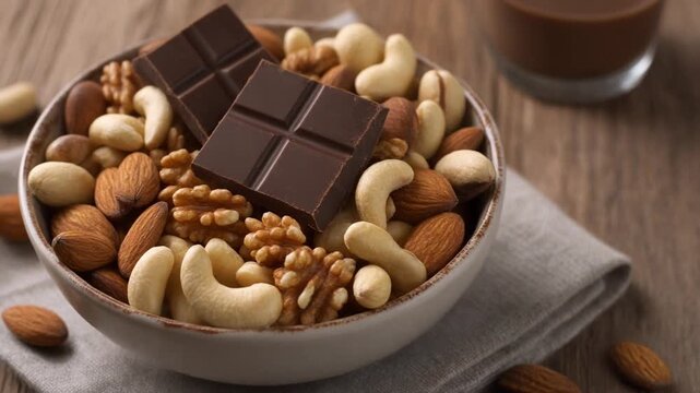 Close Up Shot of a Bowl Filled With Mixed Nuts and Chocolate on a Wooden Table