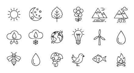 Line Art Weather and Nature Icons Representing Various Ecological Aspects