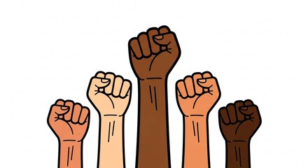 A diverse group of raised fists symbolizing unity and solidarity against a plain white background scene