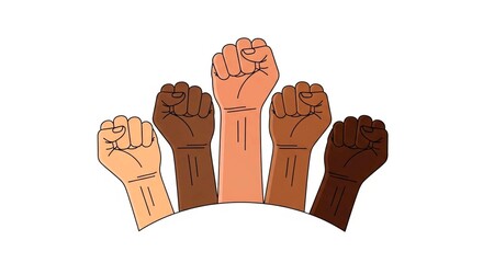 Five raised fists of different skin tones symbolizing power and unity on a white background art