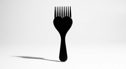 A black heart shaped hair pick with tines on a white background casting a soft shadow to the left