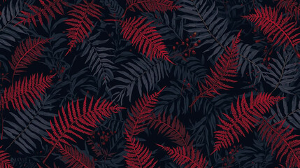 Elegant dark botanical pattern with vibrant red fern leaves and subtle grey foliage, seamless background, winter aesthetic, festive decor, graphic resource.