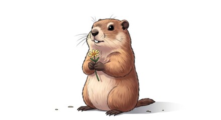 A cartoon groundhog standing on a white background holding a yellow flower with a gentle smile on it's face