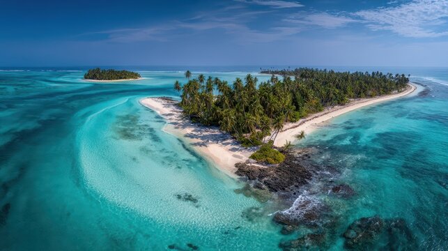 High-altitude aerial shot of a vacation-ready island getaway with turquoise lagoons