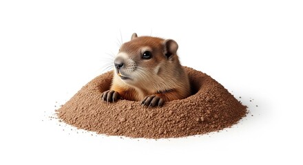A groundhog emerging from a mound of dirt on a white background looking to the side with its paws out