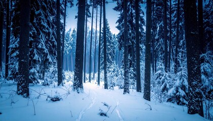 A serene winter forest scene with snow-covered evergreen trees and a path winding through the snow.
