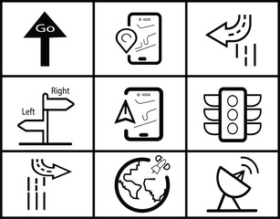 A collection of nine black and white line art icons related to navigation, transportation, and GPS technology. Includes symbols for location tracking, smartphone map apps, road signs0