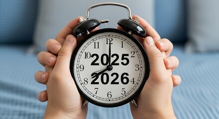 Hands holding a clock face, visually marking the critical, upcoming change from the year 2025 to 2026.