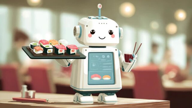 cute robot in restaurant serves sushi illustrated animation