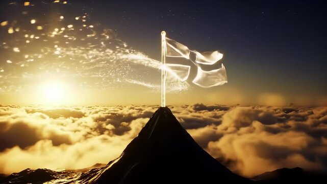 Achievement: A luminous flag of triumph proudly marks a golden mountain summit, symbolizing success, victory, and aspiration above the clouds at sunset.