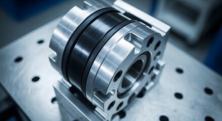 Close up of a metal mechanical part with holes and black rings on a metal grid surface