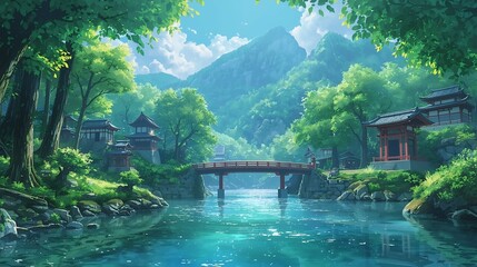A stone bridge over a clear turquoise river surrounded by lush green forest.