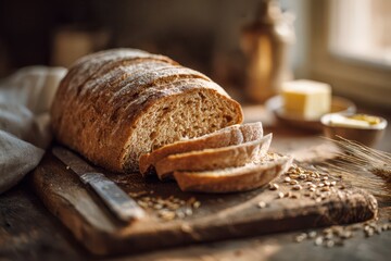 Homemade whole wheat bread on a cutting board with warm natural light, inviting wholesome bakery-style appeal
