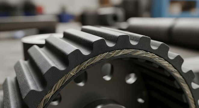 A close up shot of a dark gray timing pulley with visible belt strands and background blur in a workshop - Powered by Adobe
