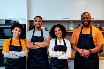 Group of young adult Black men and women standing together in kitchen wearing aprons, smiling with arms crossed, posing for camera in modern culinary workspace