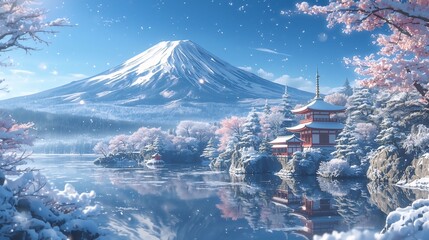 A tranquil frozen lake reflecting snowy mountains and winter forest.