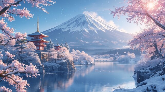 A tranquil frozen lake reflecting snowy mountains and winter forest.