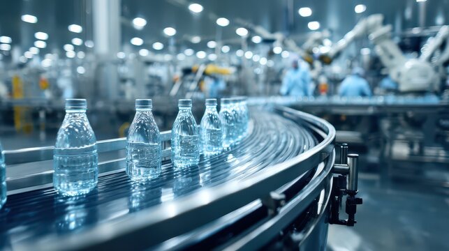 Industrial beverage manufacturing line with glass juice bottles moving along a production belt