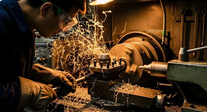 Man operating a lathe machine with metal shavings flying around wearing safety glasses and gloves