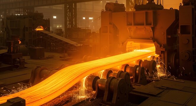 A long piece of hot metal being processed by machinery in a factory with sparks flying around it
