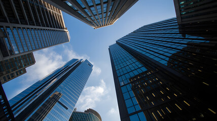 Skyward Gaze: A dramatic upward perspective captures the grandeur of modern skyscrapers against a brilliant blue sky.