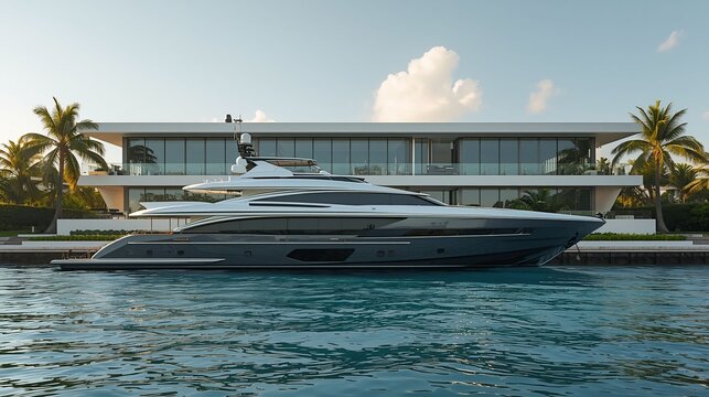 A high-end white yacht anchored near a sleek modern waterfront resort.