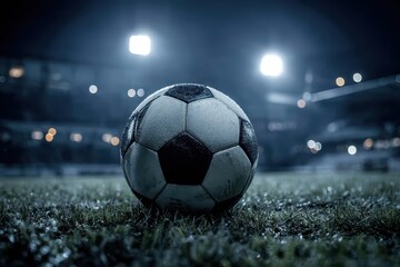 Fototapeta premium Intense stillness on the pitch: a single soccer ball illuminated by overhead stadium lighting