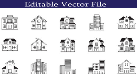 Collection of Line Art Building Icons Representing Various Architectural Styles and Urban Planning Concepts in a Clean Minimalist Vector Format Perfect for Design Projects
