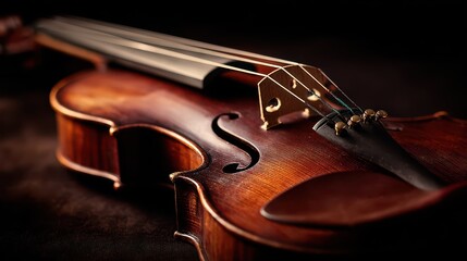 Fototapeta premium Intimate violin close-up highlighting strings and f-holes with dramatic lighting and negative space