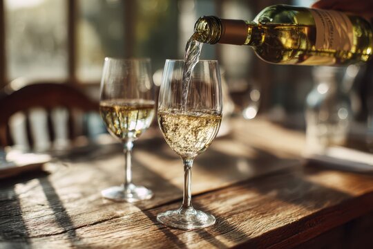 Intimate still life: pouring white wine into paired glasses on a sunlit dining surface - Powered by Adobe