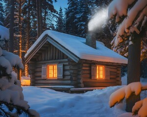 Cozy log cabin bathed in warm light amidst a snow covered winter forest
