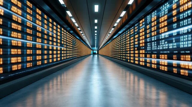 Futuristic data corridor with glowing orange and blue server panels and sleek reflective panel