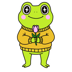 Frog Character in Sweater Holding Tulip Flower Cartoon Illustration