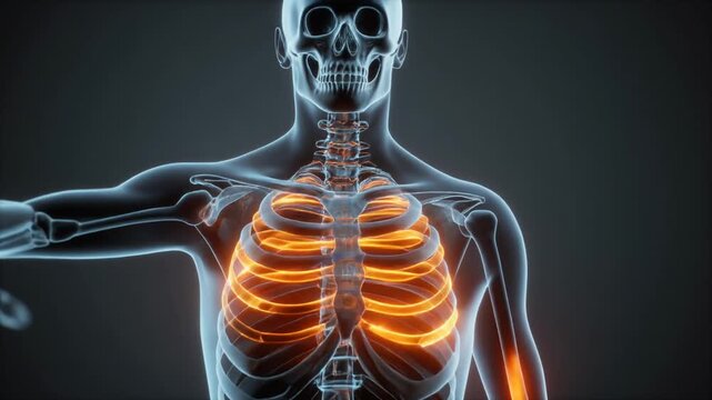 Medical Visualization Of Human Body With Glowing Skeleton And Respiratory System On Dark Background