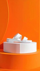 White sandals displayed on cube, vivid orange backdrop