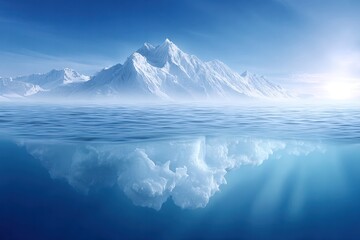 Frozen Vista: A majestic mountain range towers over serene waters, its icy peaks reflecting in the crystal-clear depths below, under a brilliant sun. 
