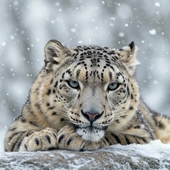 Obraz premium A majestic snow leopard rests on a rock amidst falling snow, its piercing blue eyes gazing intently forward in a serene winter landscape