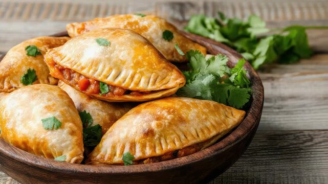 Fresh golden baked empanada with savory vegetable filling and cilantro garnish, warm and appetizing