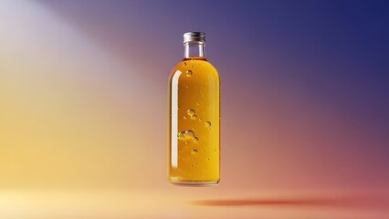 Fototapeta premium A clear glass bottle containing vibrant golden olive oil