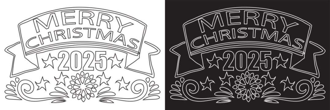 Black and white Christmas emblem design .Abstract preview of a black and white Christmas emblem featuring stars, swirls, and holiday text elements in two contrasting styles EPS10/AI.

