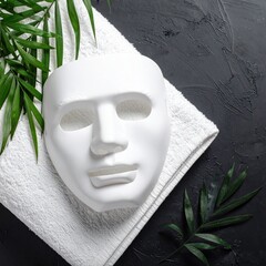 Mask on towel, foliage, dark background
