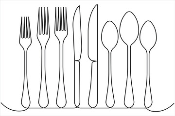 One continuous line art drawing of fork, spoon and knife  set design. Single line art of food tools for restaurant menu, poster or banner in linear minimalist design vector illustration