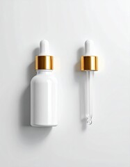 Serum bottle and dropper with gold cap, flat lay on white