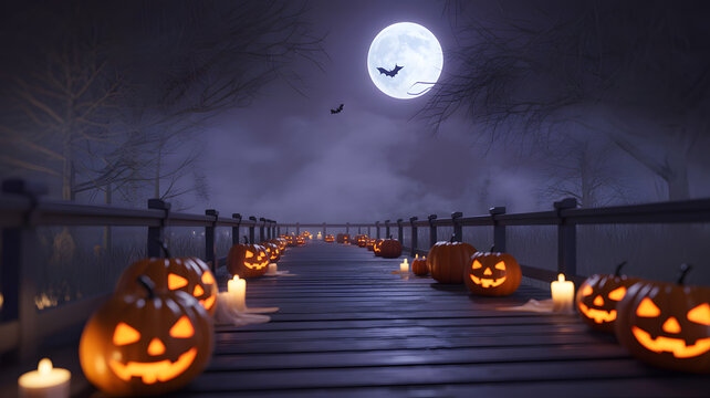 Eerie Bridge of Lanterns: A spine-chilling Halloween scene, with an illuminated bridge lined with glowing pumpkin lanterns leading towards a moonlit sky, evoking a sense of mystery and suspense. - Powered by Adobe