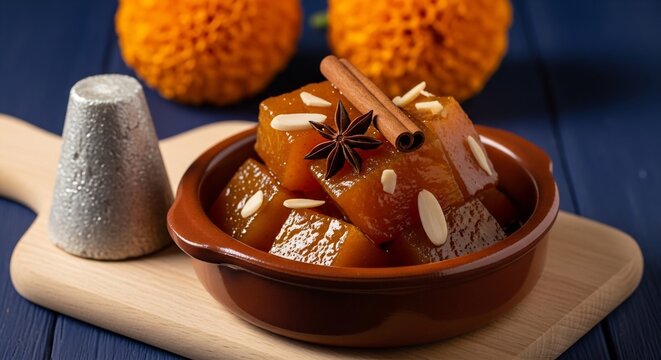 Traditional candied pumpkin dessert (calabaza en tacha) garnished with cinnamon, star anise, and almonds