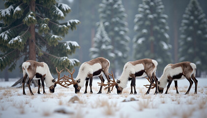 Reindeer grazing in the snowy forest during winter season  